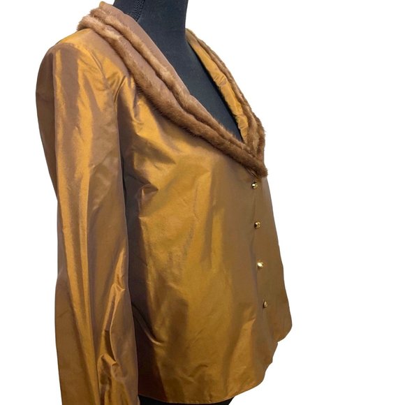 Fur Trimmed Taffeta Blouse 90s Y2K Dark Gold V-Neckline Button Front - Picture 6 of 6